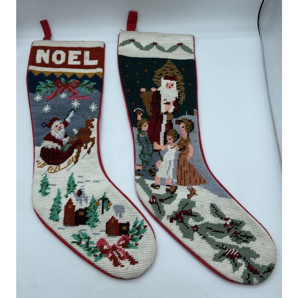 Vintage Needlepoint Christmas Stockings Pair Santa Noel Handmade 19” Red Backing
